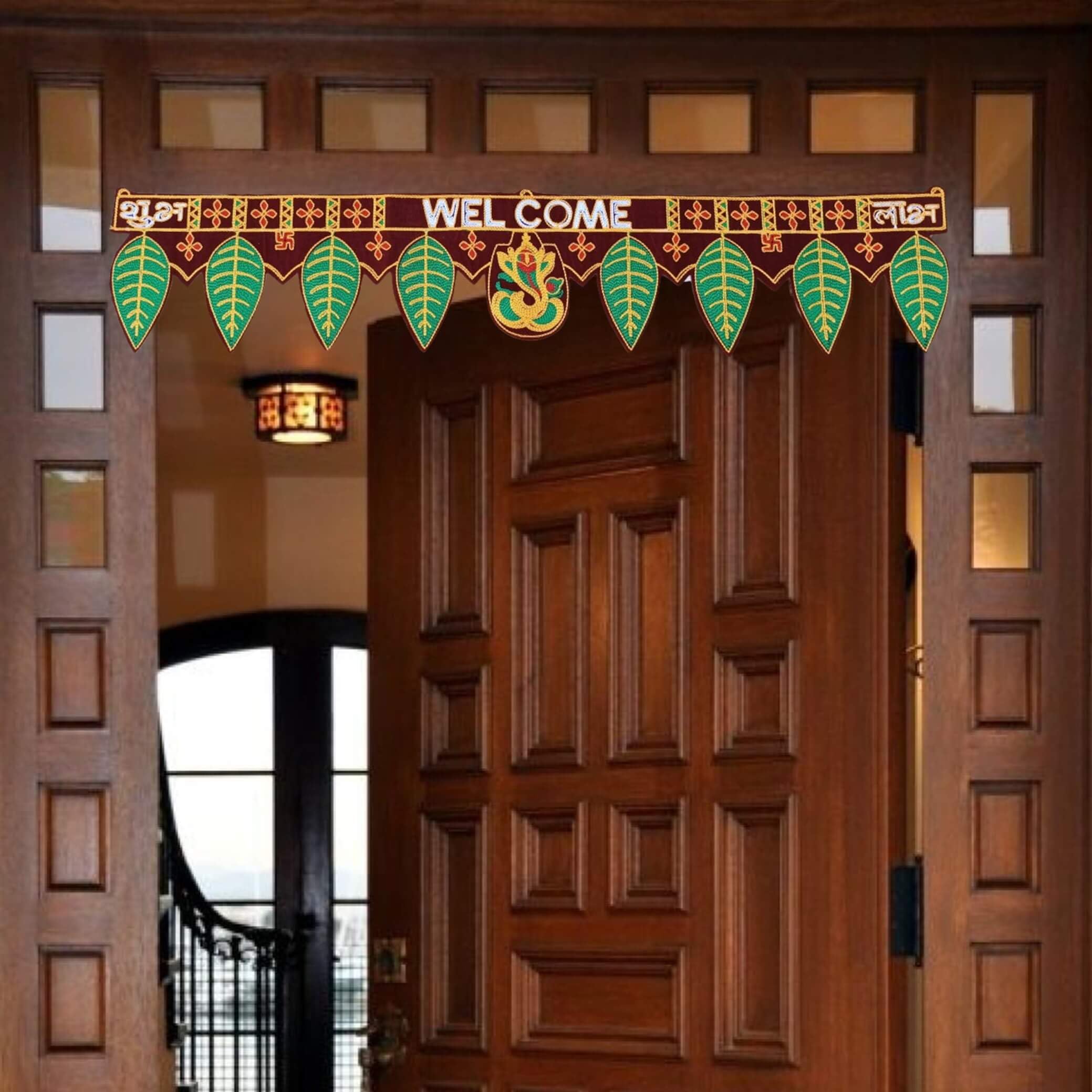 CREYENTES Toran for Door, Ganesha with Mango Leaf, Welcome Bandarwal, Wall Hanging, Temple, Pooja Room, Diwali, Rajasthani, Embr